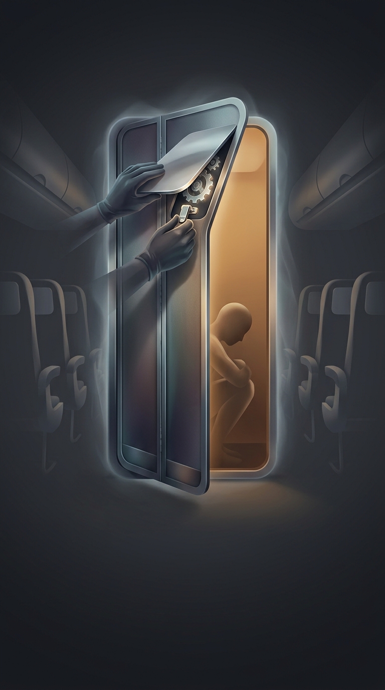 Airplane bathrooms can be easily unlocked from the outside by simply lifting the metal plate that says lavatory and flipping the hidden latch mechanism underneath.