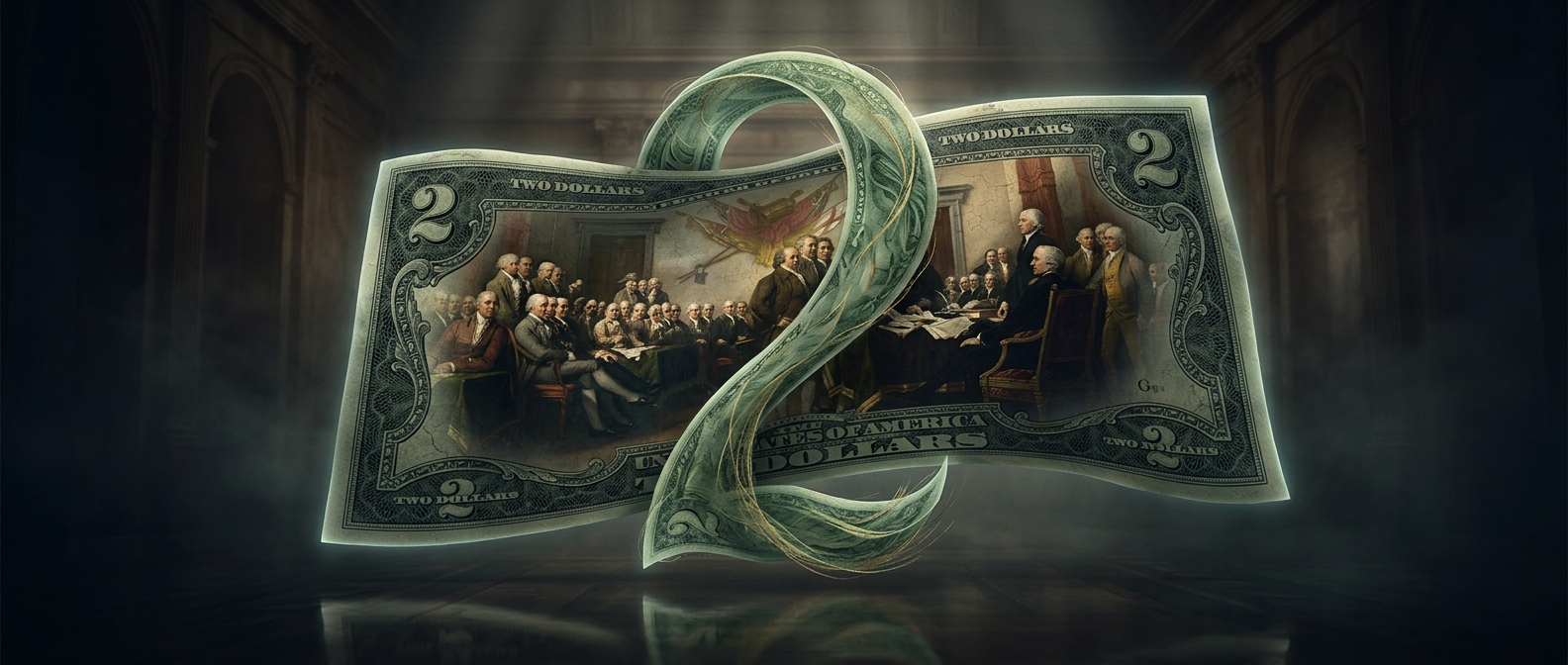 Two-dollar bills feature a massive historical painting
