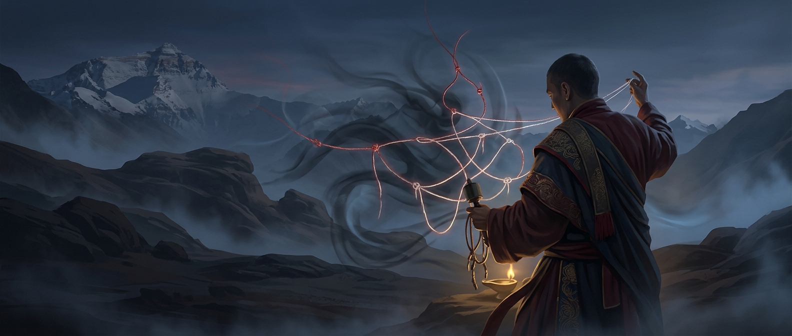 Ancient Tibetan Bön priests read the spiritual weather by throwing knotted strings to map warring elemental spirits