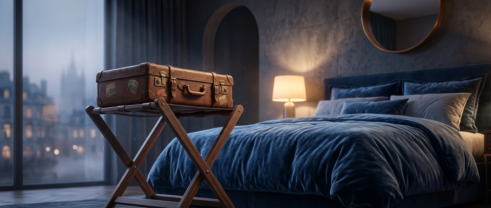 Folding wooden luggage racks keep suitcases off the bed