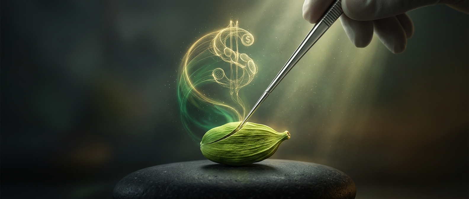 Cardamom pods are meticulously cut to prevent splits