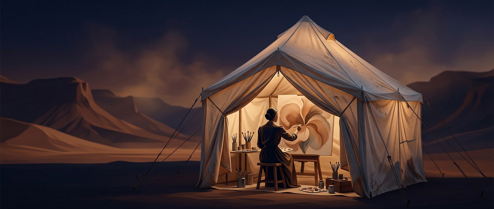 Georgia O'Keeffe painted inside a custom canvas tent setup