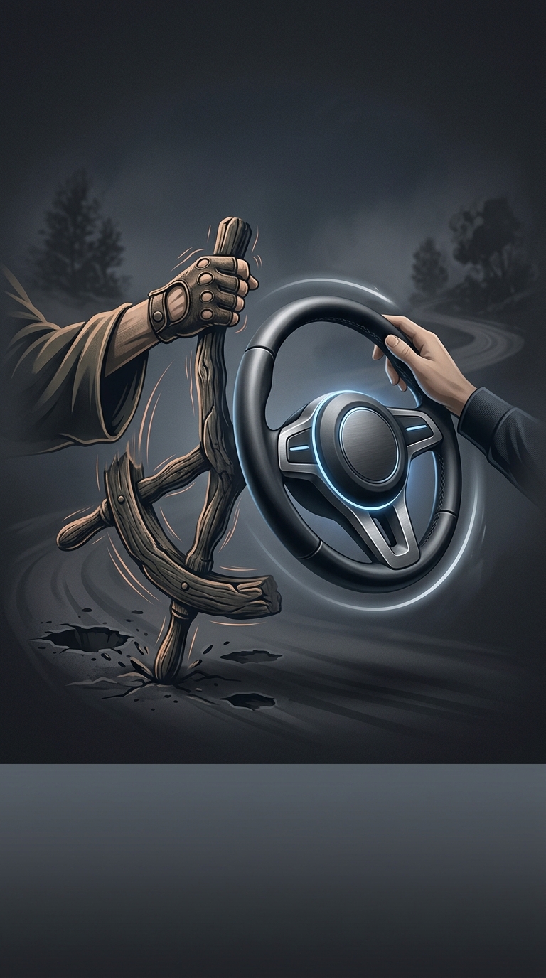 Early automobiles were steered using a tiller instead of a circular wheel, meaning the first drivers navigated roads by yanking a wooden stick back and forth like they were commanding a very angry boat.