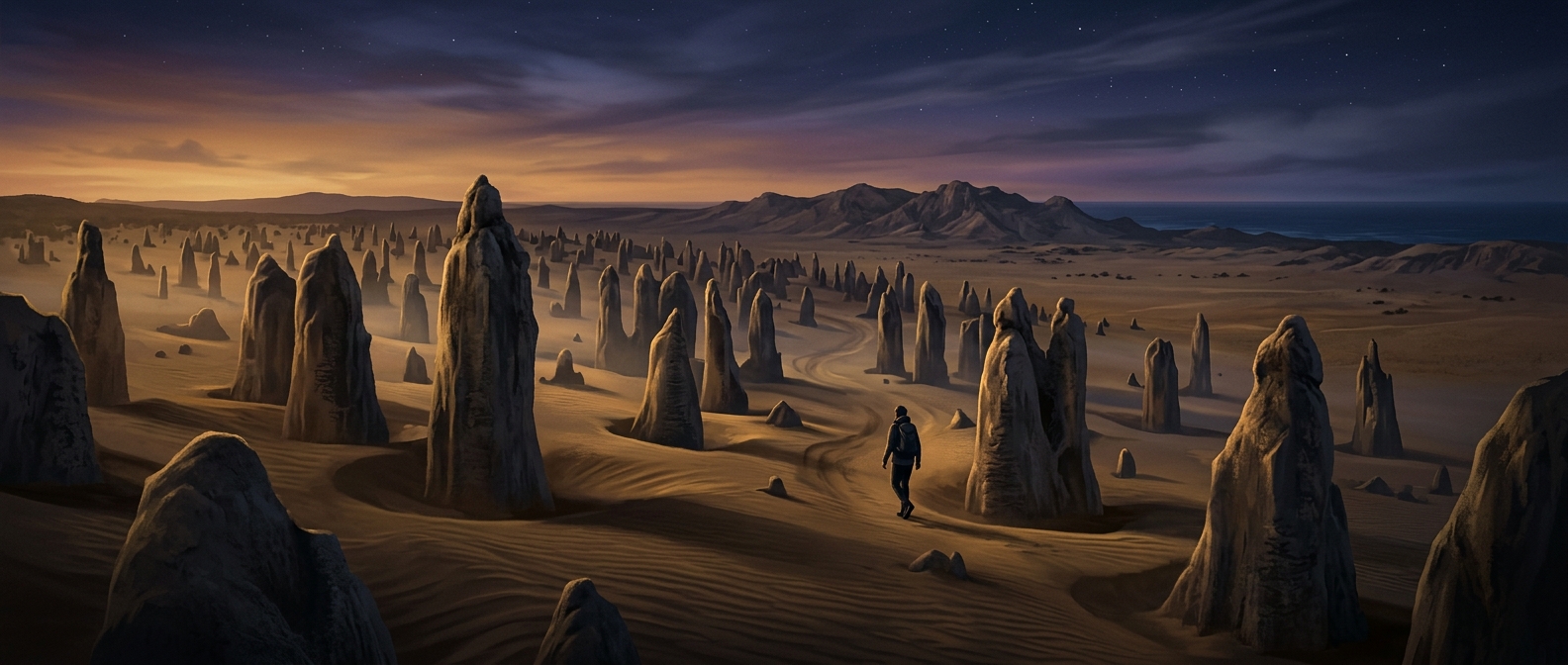 Pinnacles Desert is dotted with strange limestone spires