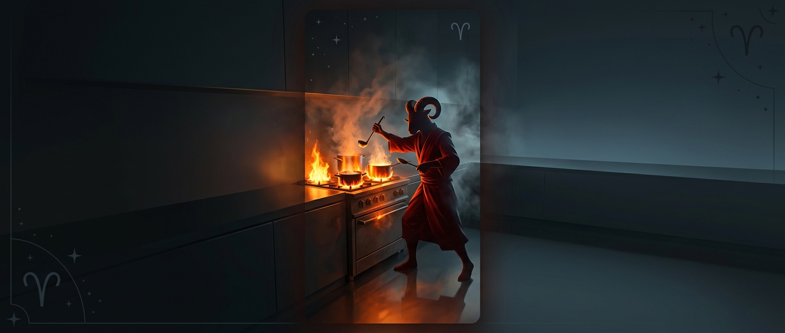 Aries cooks by turning all stove burners on high