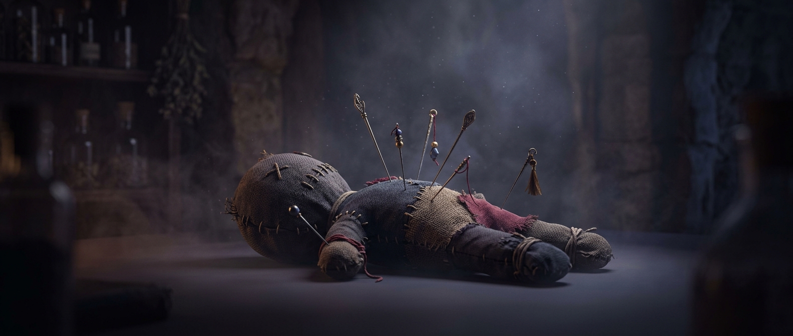 Sticking pins into a crude fabric doll hoping it magically inconveniences a bitter rival