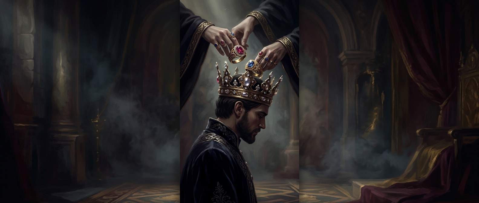 Placing heavy jeweled rings on the heads of royalty