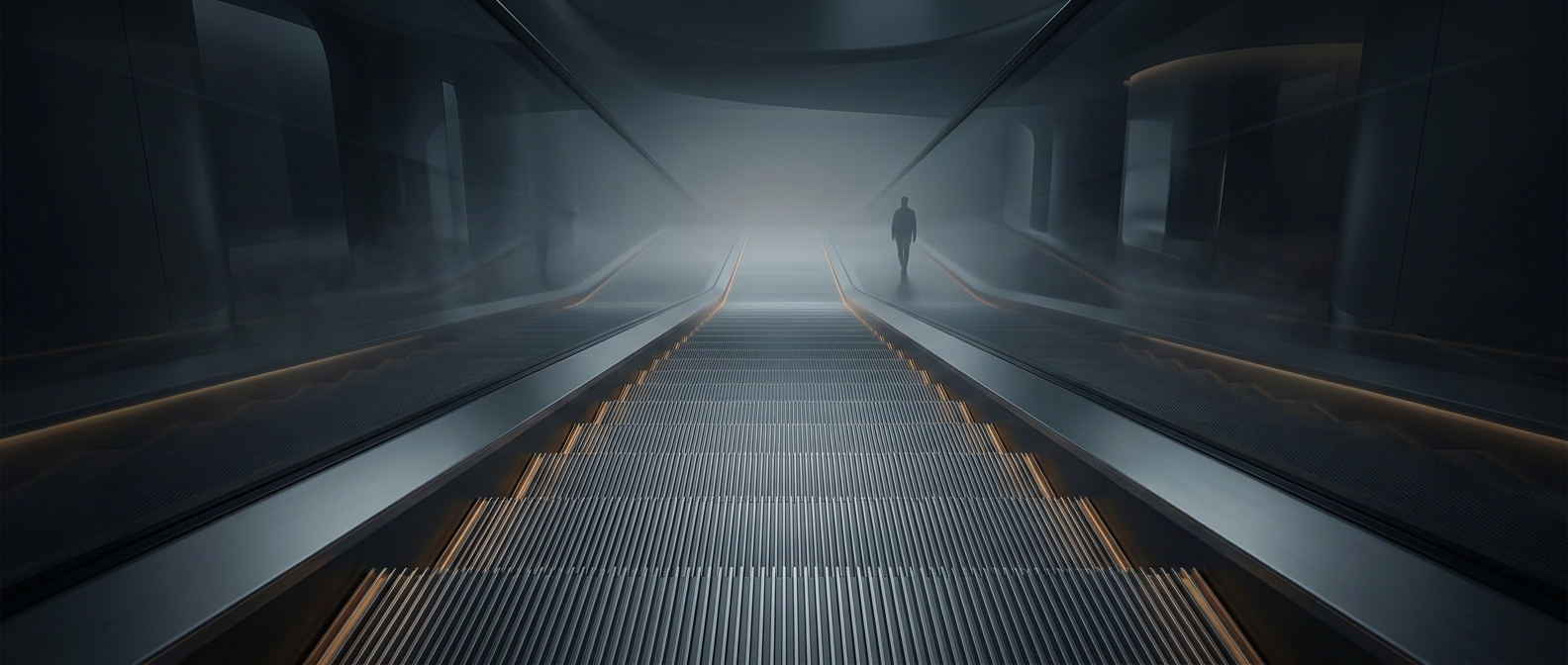 Escalator steps precisely flatten out at both ends