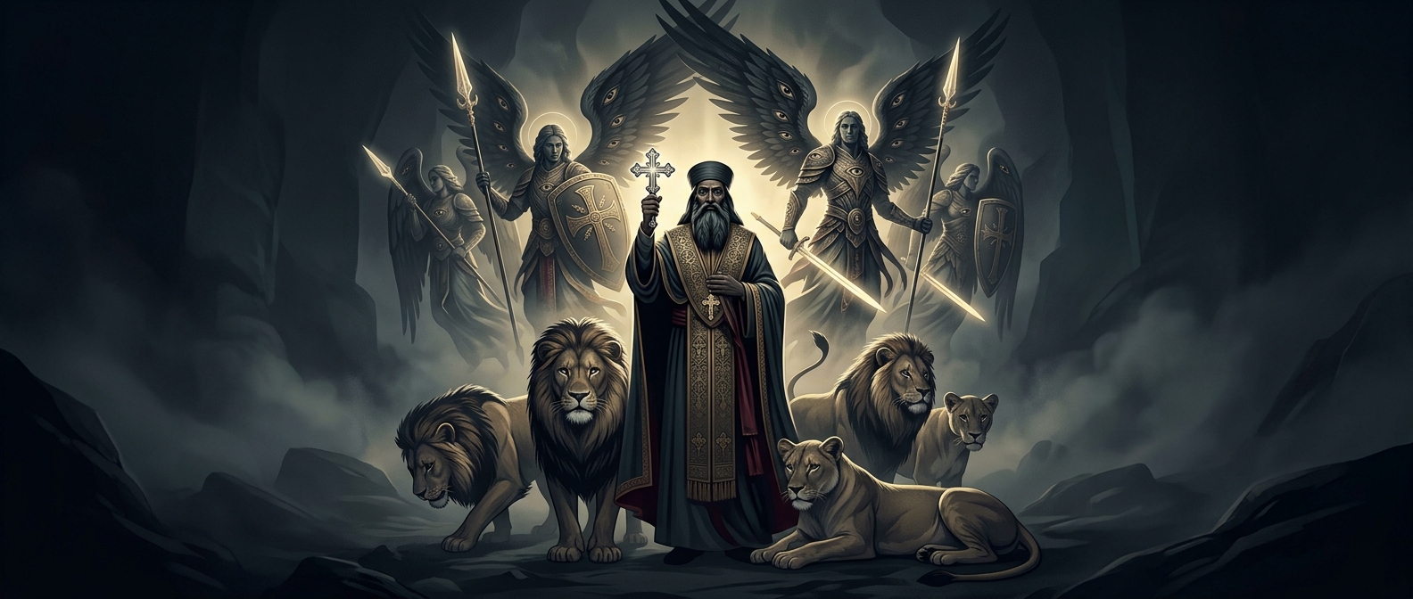 Abba Samuel of Waldebba aggressively taming lions and using terrifying angels as his personal bodyguards