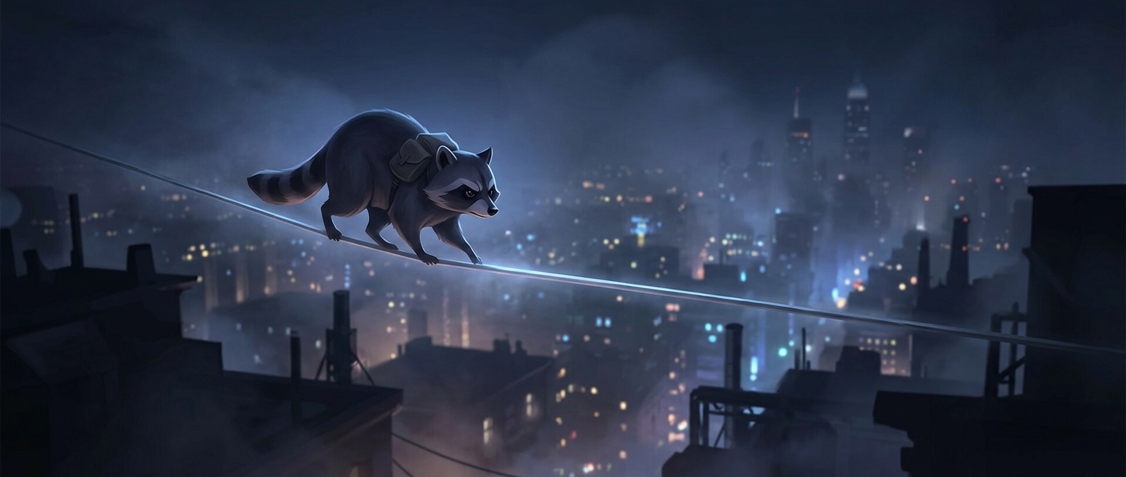 Sneaking across tightropes as an unusually stealthy raccoon