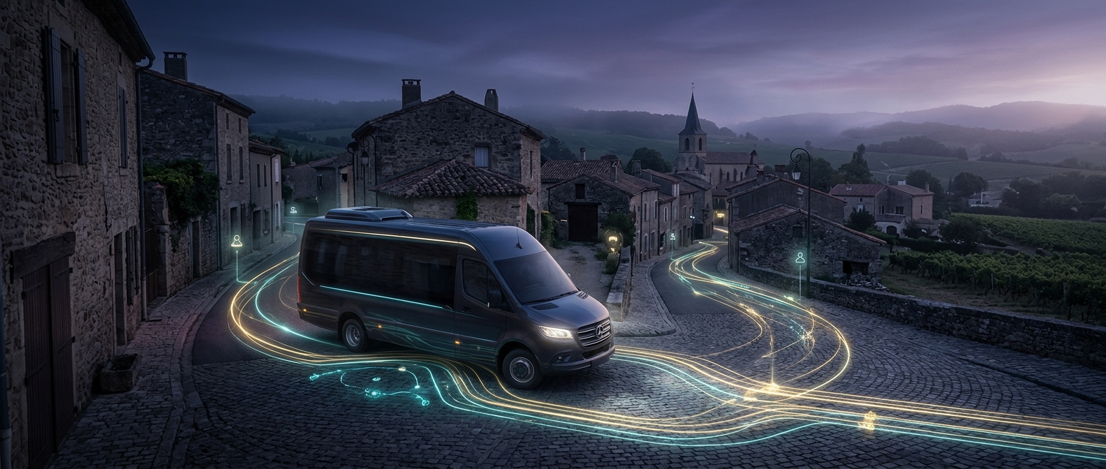 Padam Mobility динамически направляет микроавтобусы через сельские французские деревни, основываясь исключительно на алгоритмических запросах пассажиров