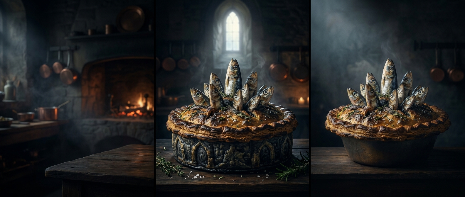 The pie with fish heads poking through