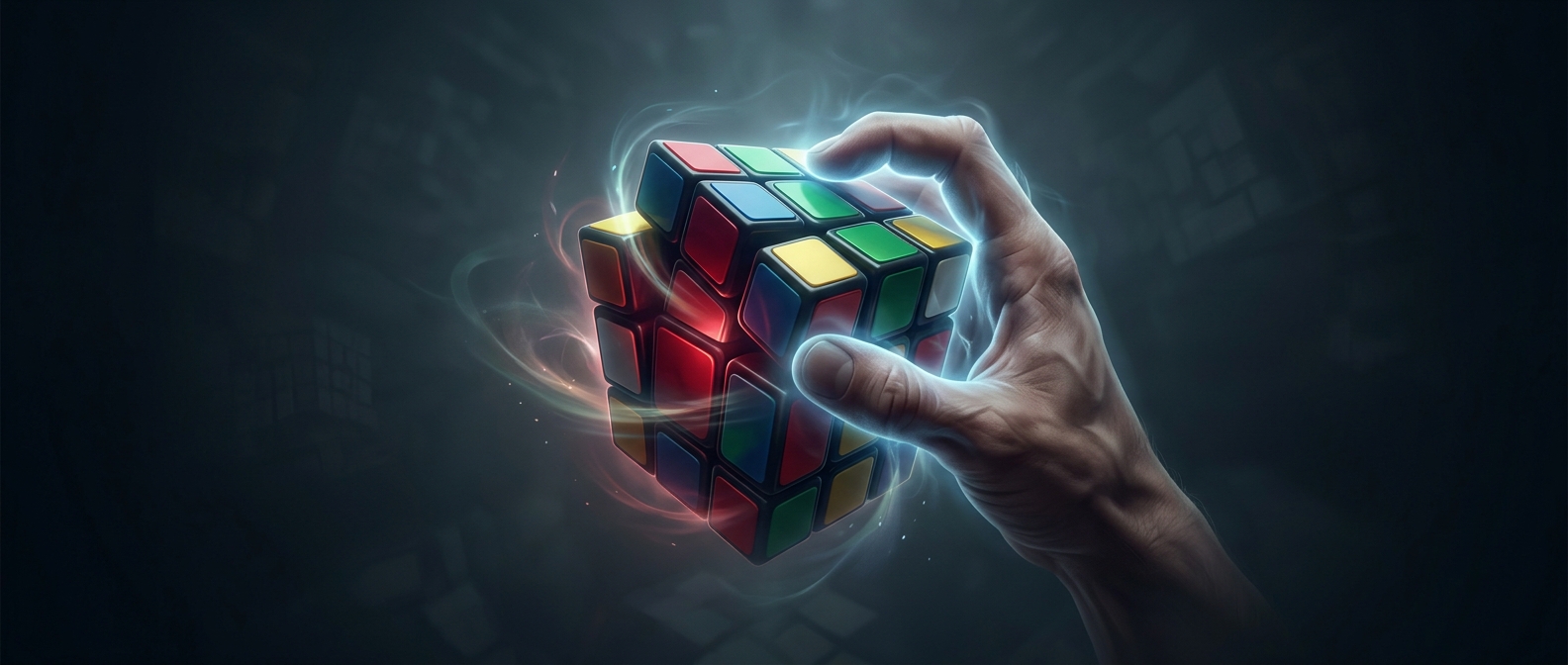 Twisting a highly complex multicolored plastic cube until your fingers go totally numb