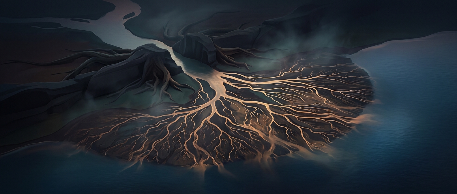 Choked river mouths branch into complex sediment deltas