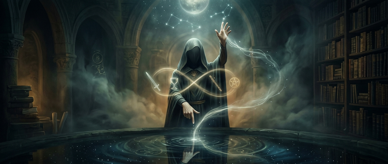 Magician Tarot card features hands pointing opposite ways