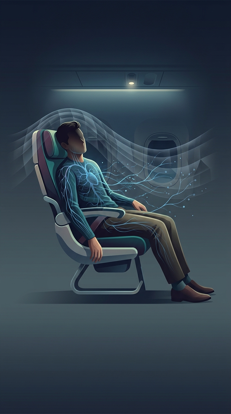 What is the primary biological reason you feel completely drained after a long flight, even while sitting?