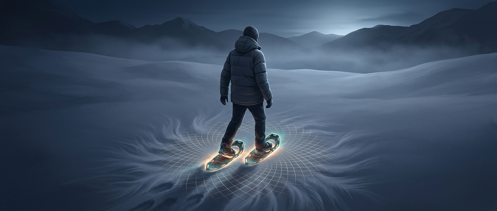 Snowshoes distribute human weight across soft powder