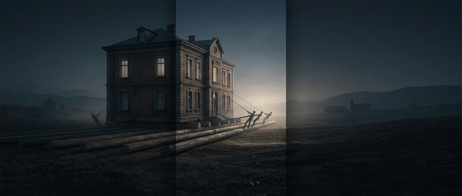 Целые здания перемещали, перекатывая их на бревнах