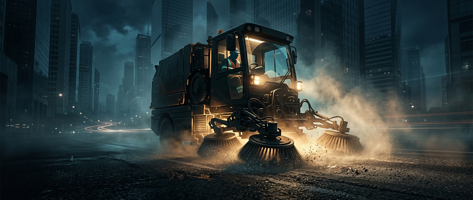 Street sweepers violently scrub asphalt using rotary brushes