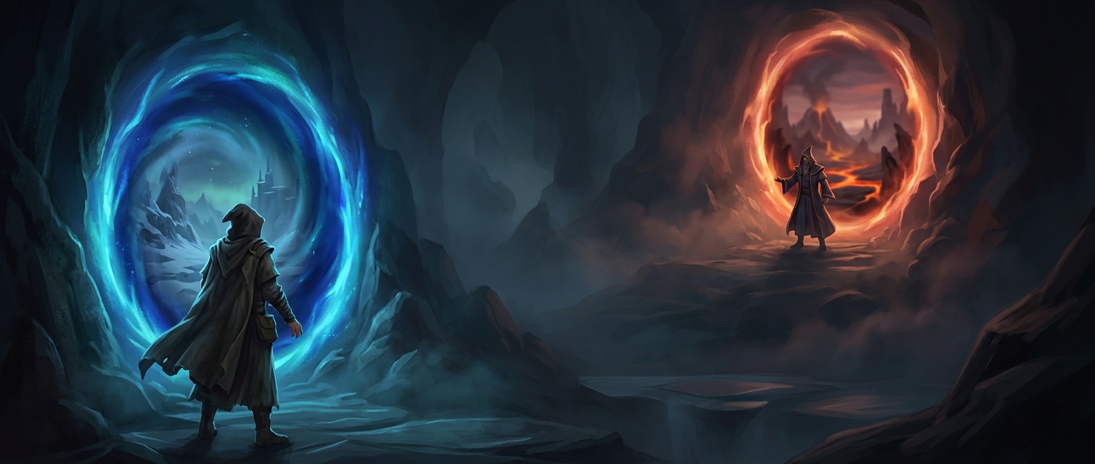 Mage portals glow with specific realm colors