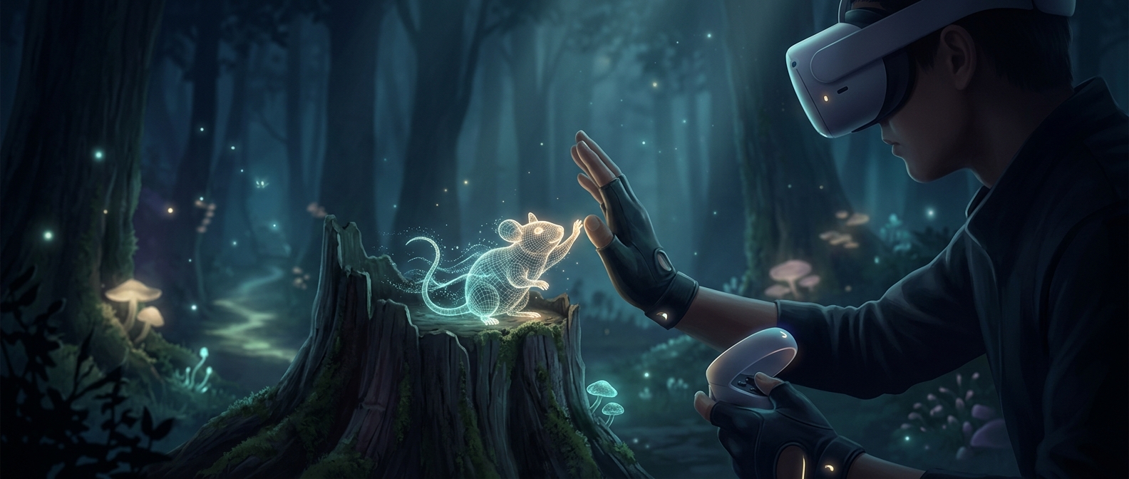 High-fiving a tiny digital mouse in a magical forest
