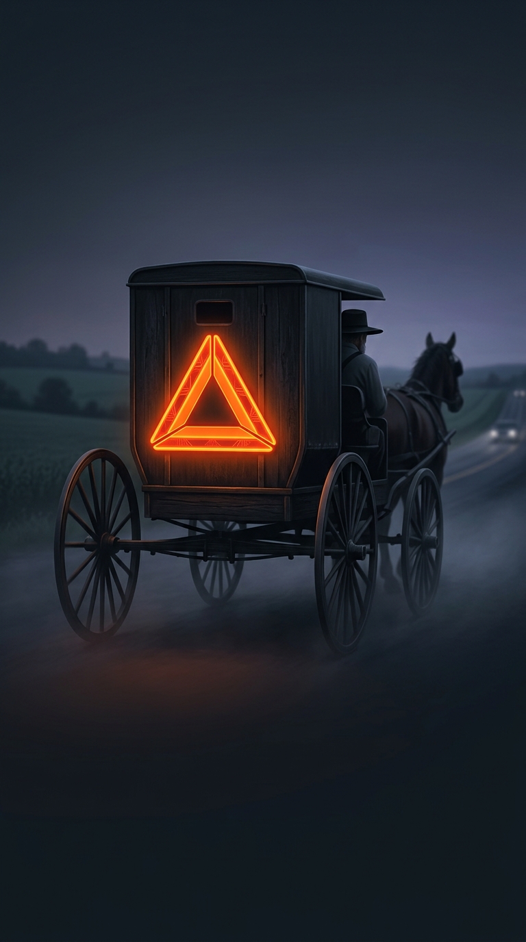 Pennsylvania law requires the deeply traditional Amish community to attach bright orange reflective triangles to the back of their horse-drawn wooden buggies to avoid being obliterated by modern cars.