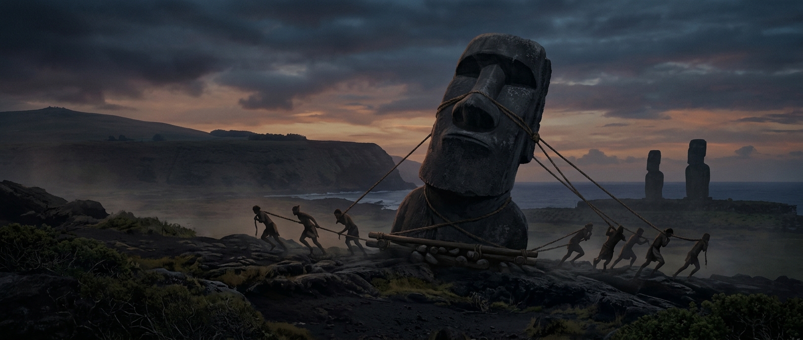 Dragging massive stone heads across an island