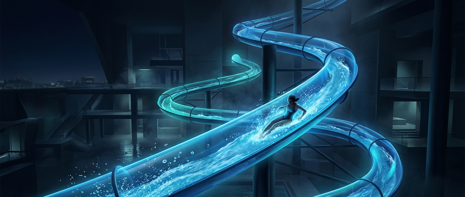 Sliding down winding tubes of flowing water