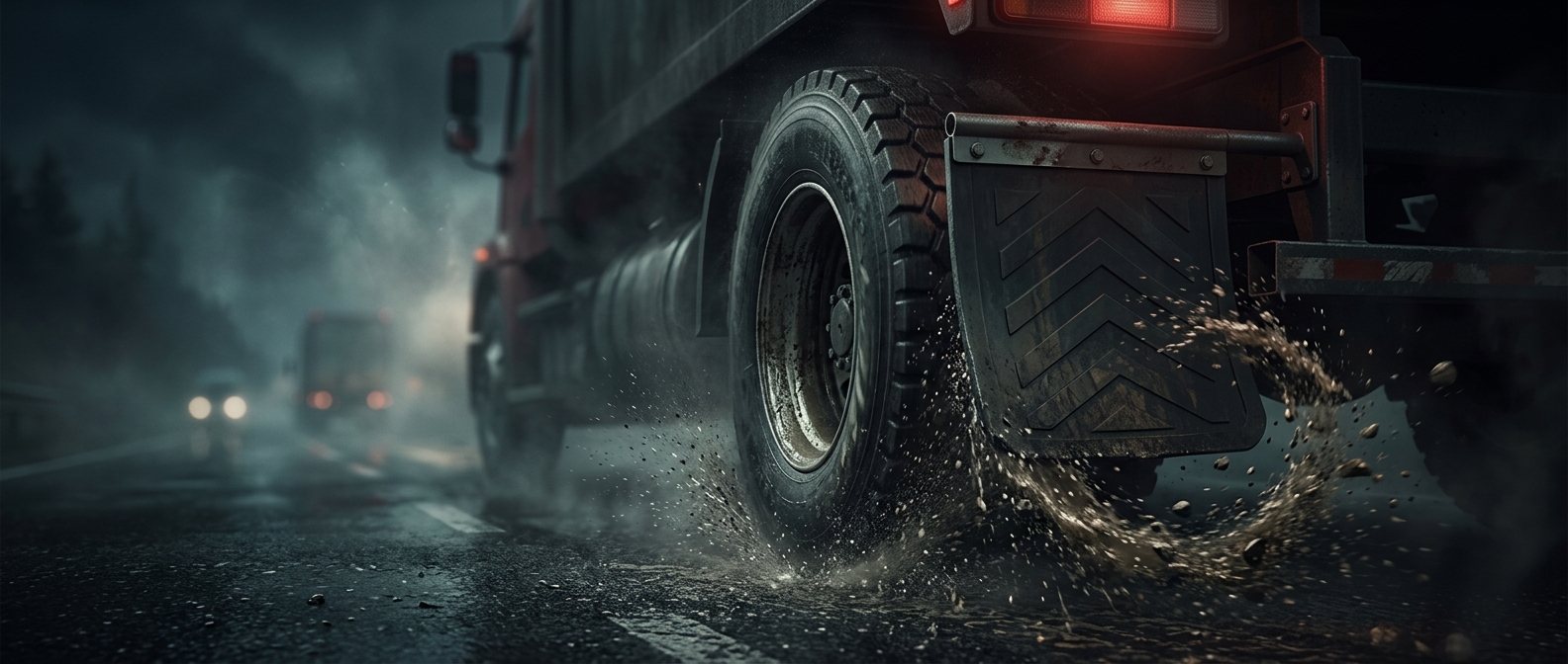 Semi-truck mud flaps intercept road debris