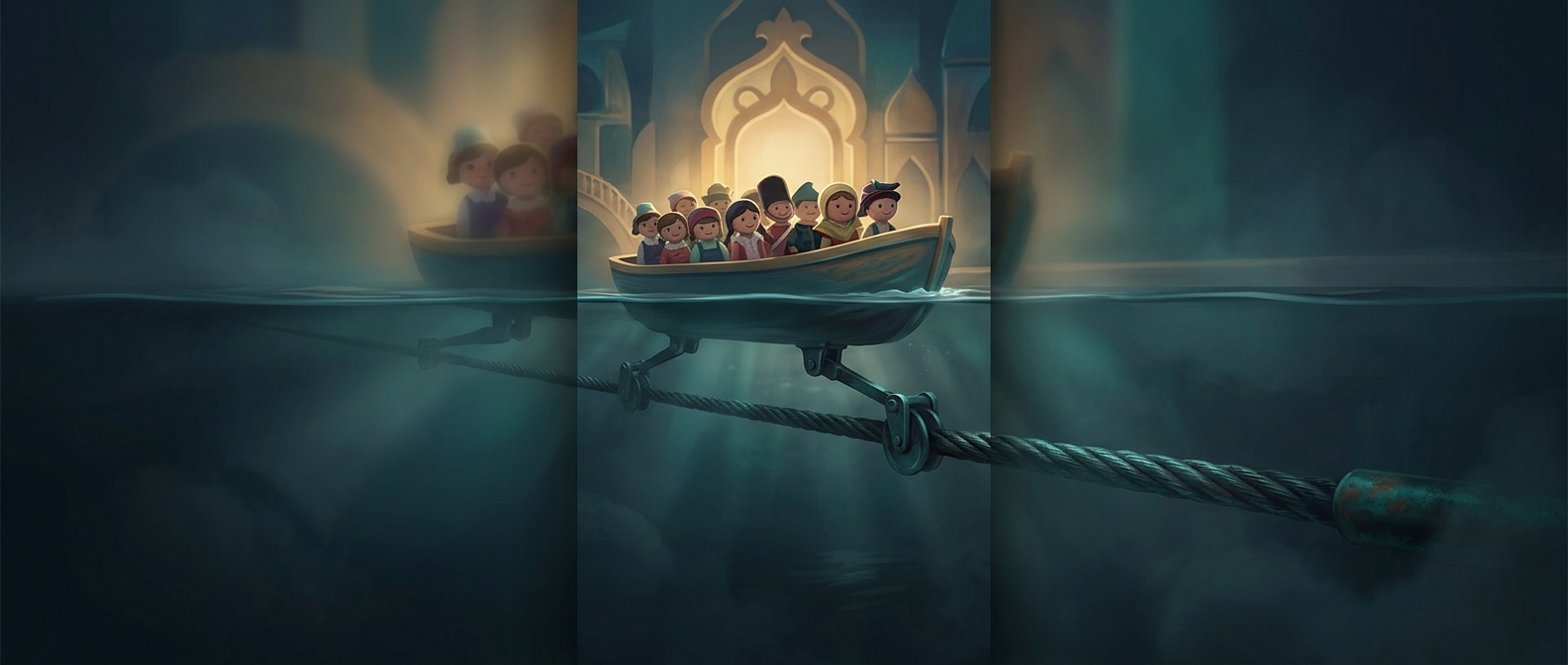 Лодки на аттракционе «Small World» тянутся подводным стальным тросом