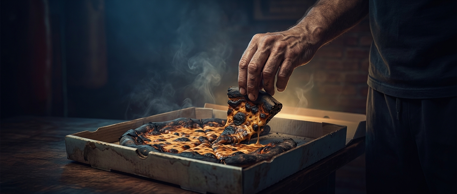 Sylvester Stallone eating burnt pizza crusts