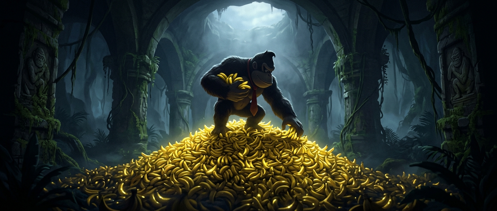 Donkey Kong collects hoards of tiny yellow bananas