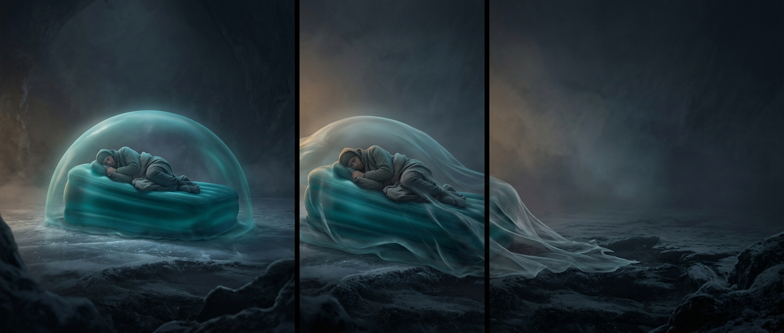 Sleeping on an inflatable mattress that slowly deflates until you hit the cold ground