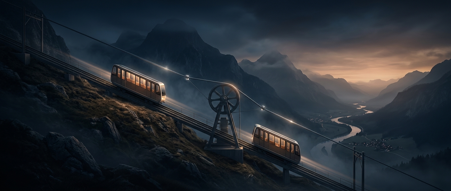 Funicular railways use two counterbalanced passenger cars attached to opposite ends of the same massive cable