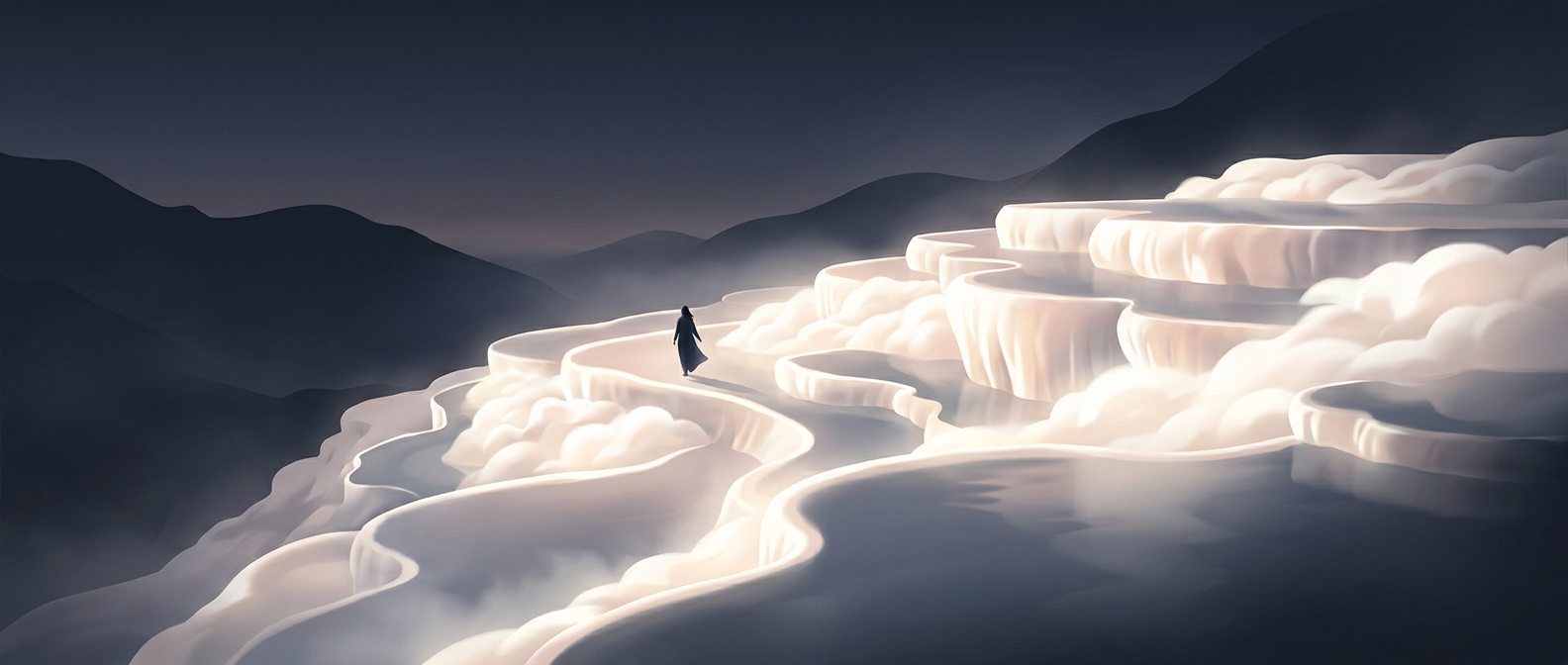 Turkish travertine terraces gleam like bright cotton
