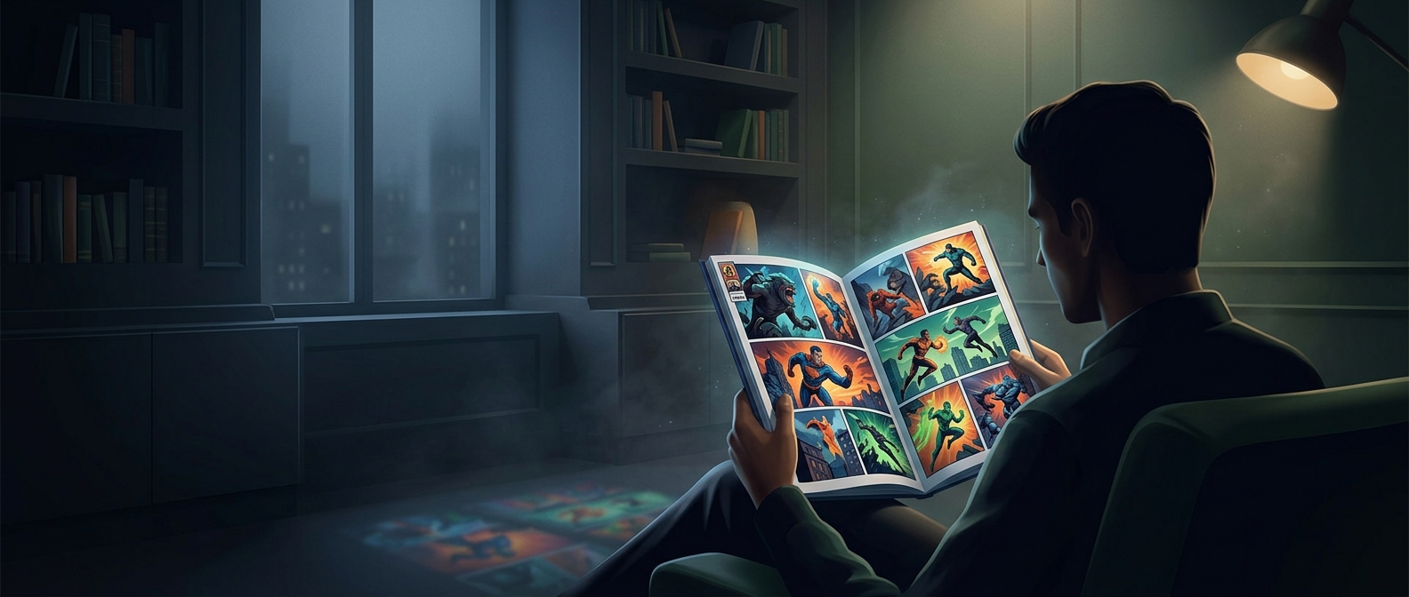 Reading colorful action panels featuring muscular heroes