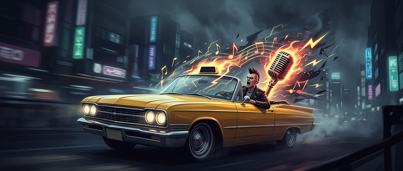 Crazy Taxi hired an aggressively loud punk rock announcer
