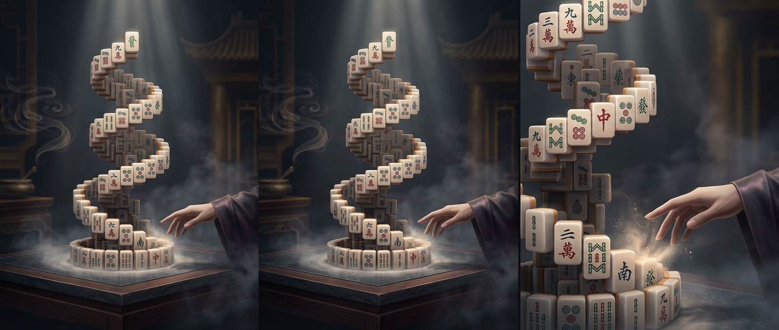 Mahjong tiles are stacked entirely to be knocked down