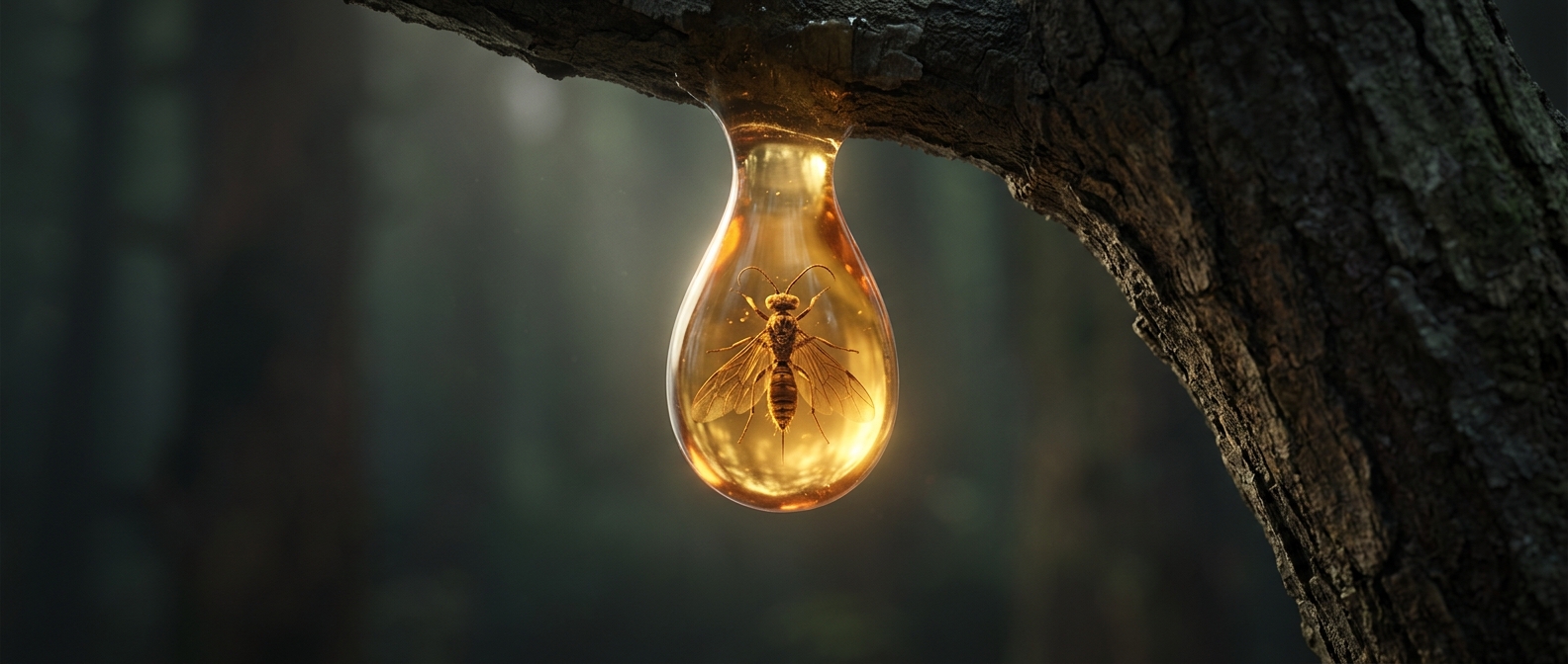 Sticky golden tree sap perfectly traps ancient dead insects