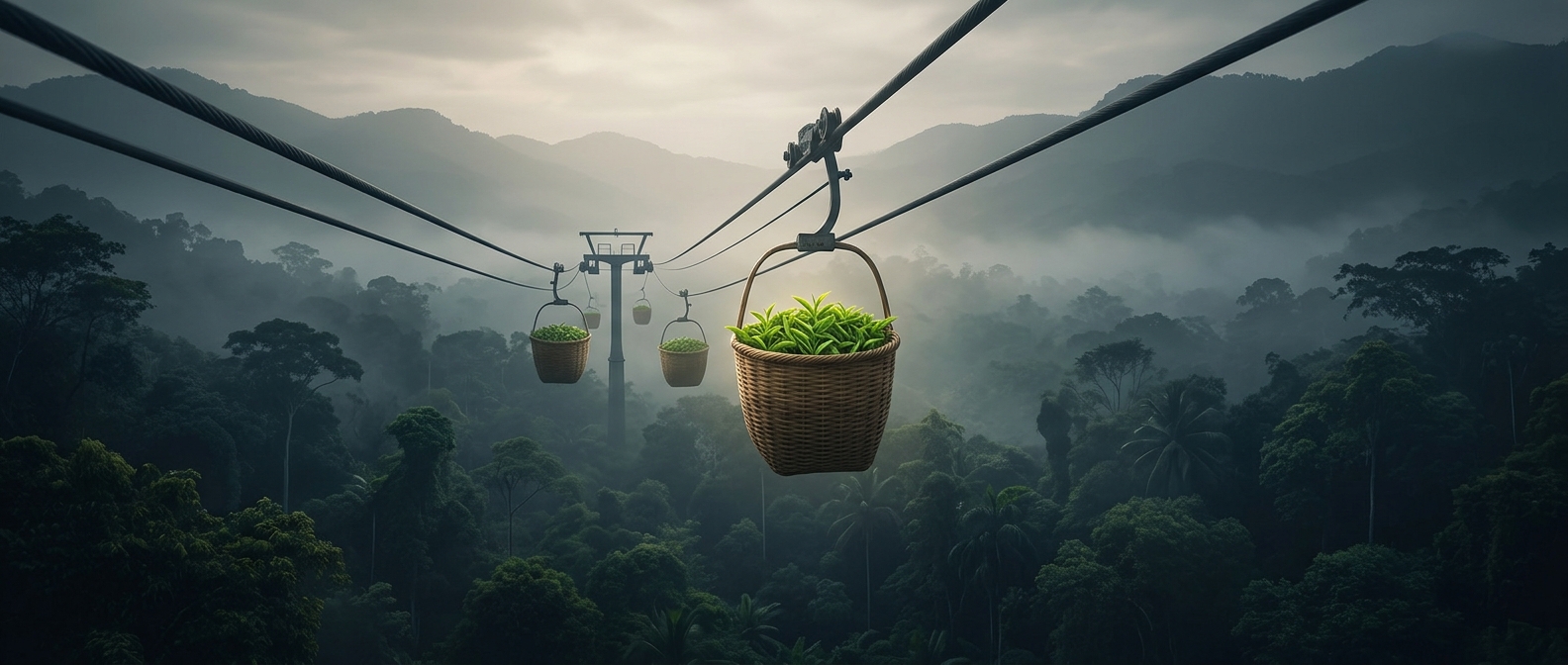 Tea leaves fly over jungles on ropeways