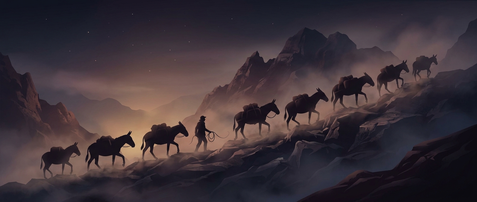 Whips directed stubborn pack mules over mountain passes
