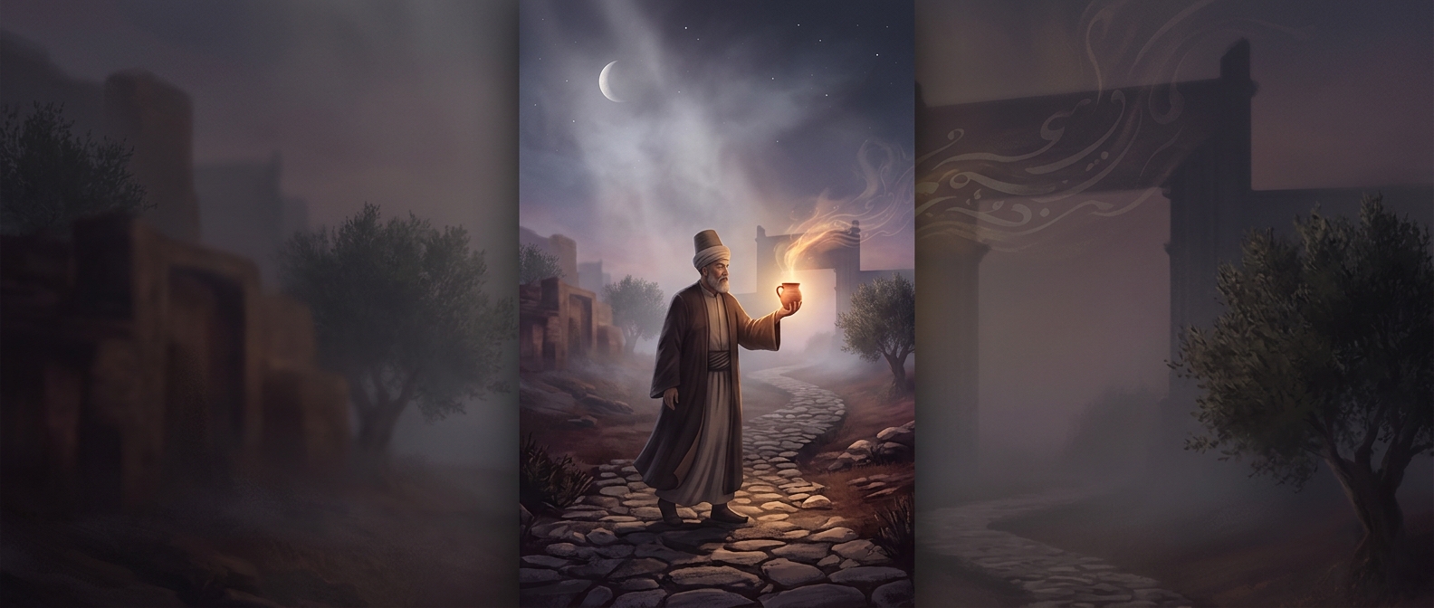 Haji Bektash Veli mocking rigid religious rules by treating alcohol as a supreme spiritual tool