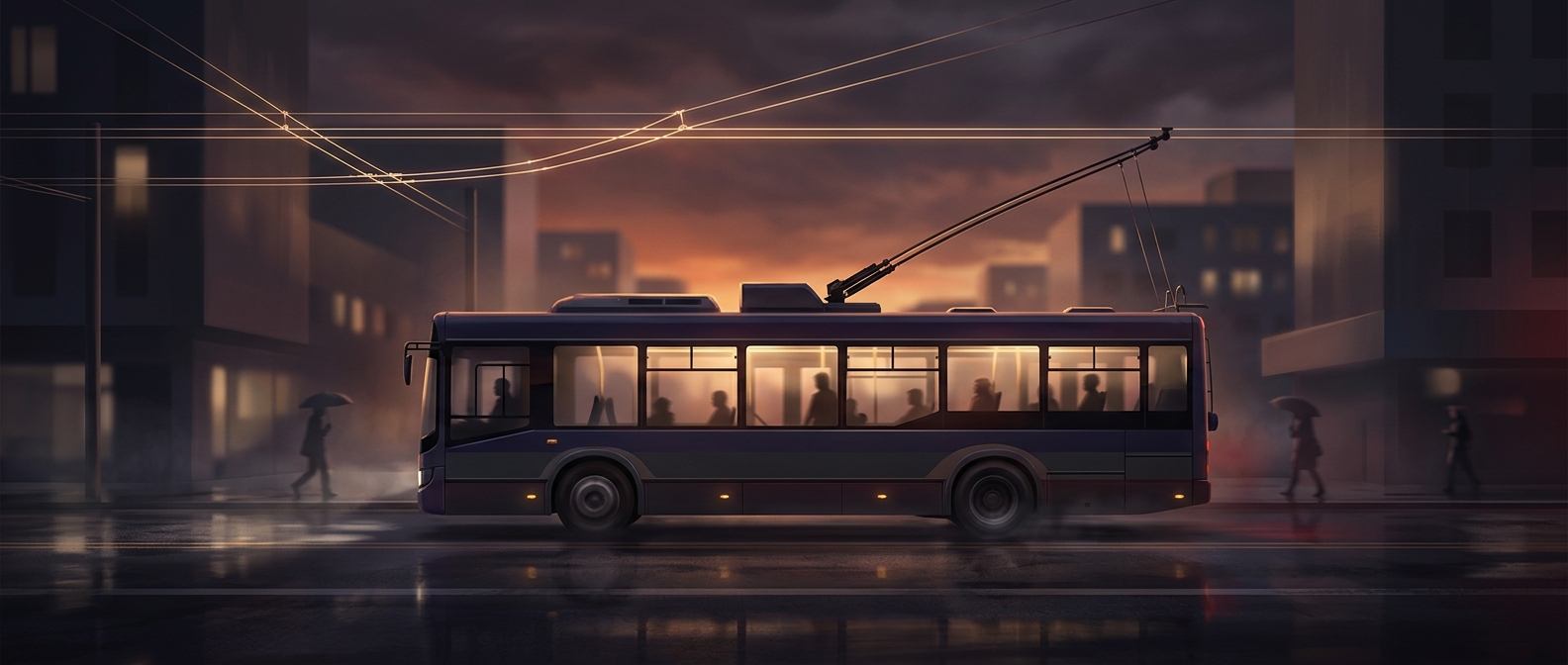 Trolleybuses draw power from overhead wires and use rubber tires which makes them incredibly quiet on busy city streets