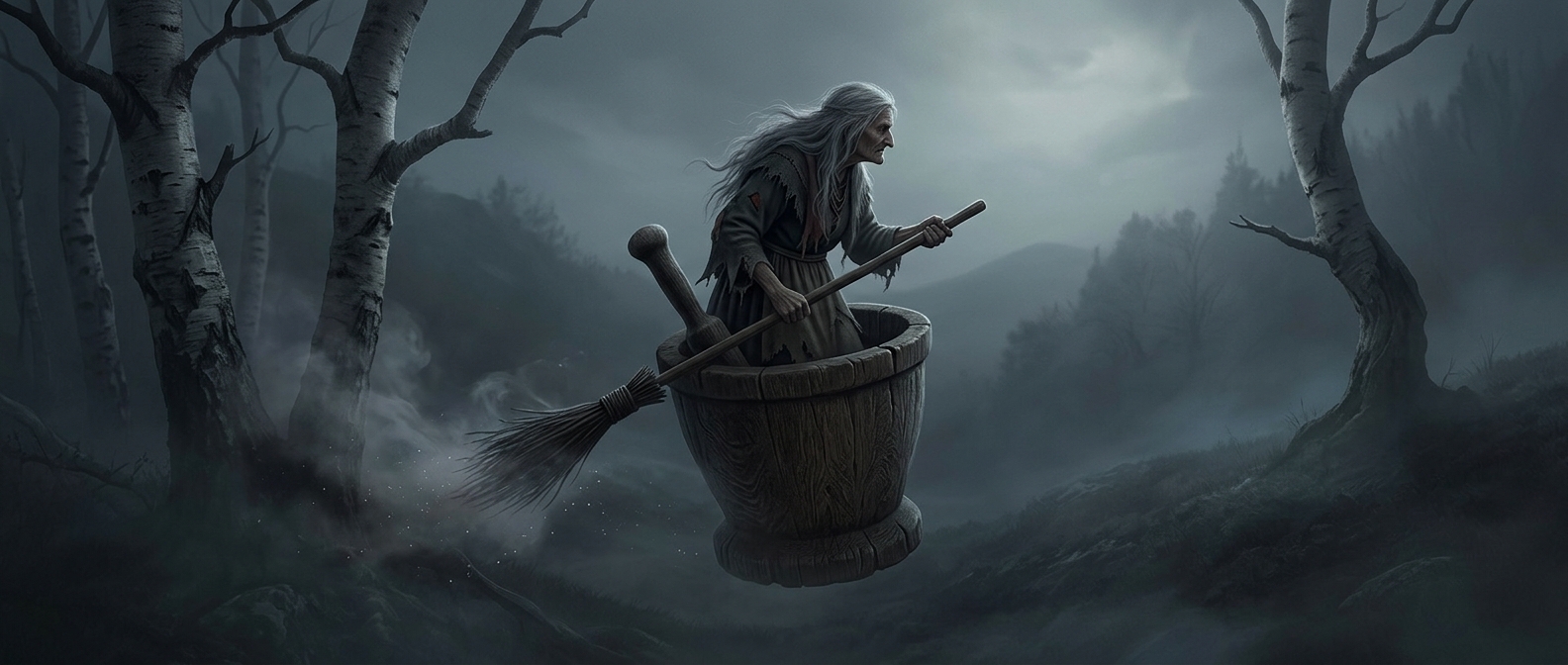 Baba Yaga flies around inside a wooden mortar