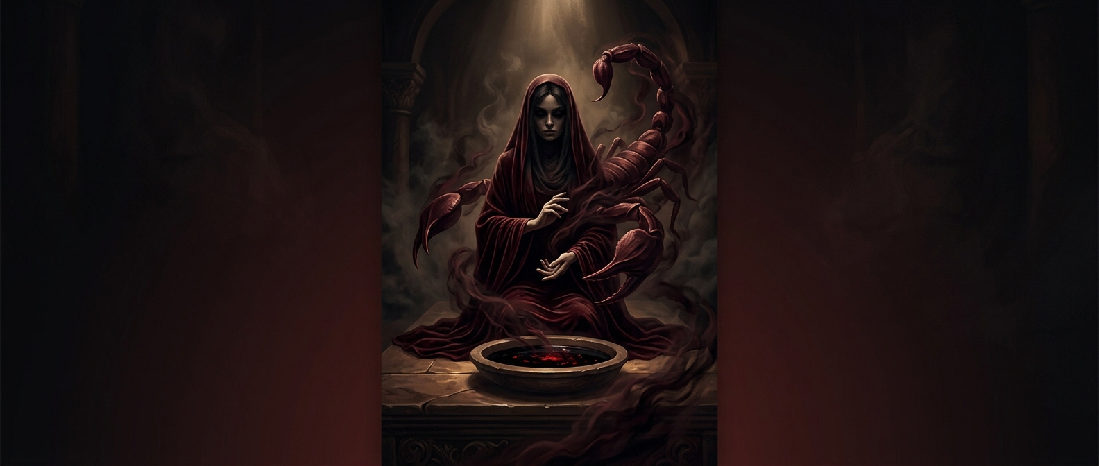 Deep maroon strongly signifies dark Scorpio vengeance
