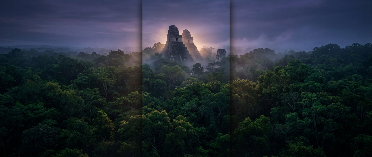 Tikal temples poke directly through the dense canopy