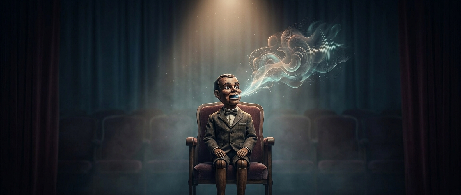Projecting your vocal cords to make a hollow wooden dummy appear incredibly conversational