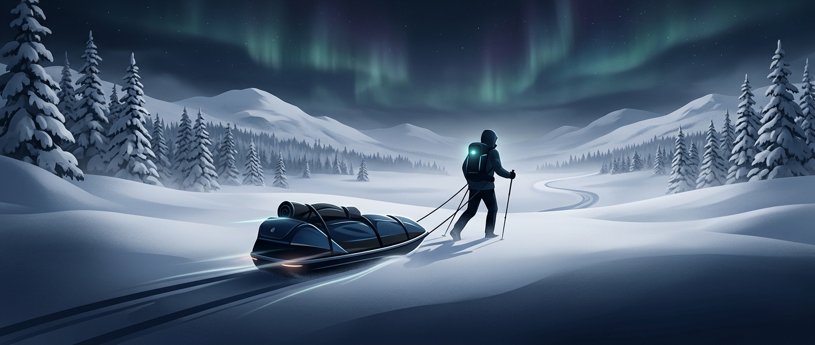 Nordic pulks carry heavy gear through deep snow while people pull them
