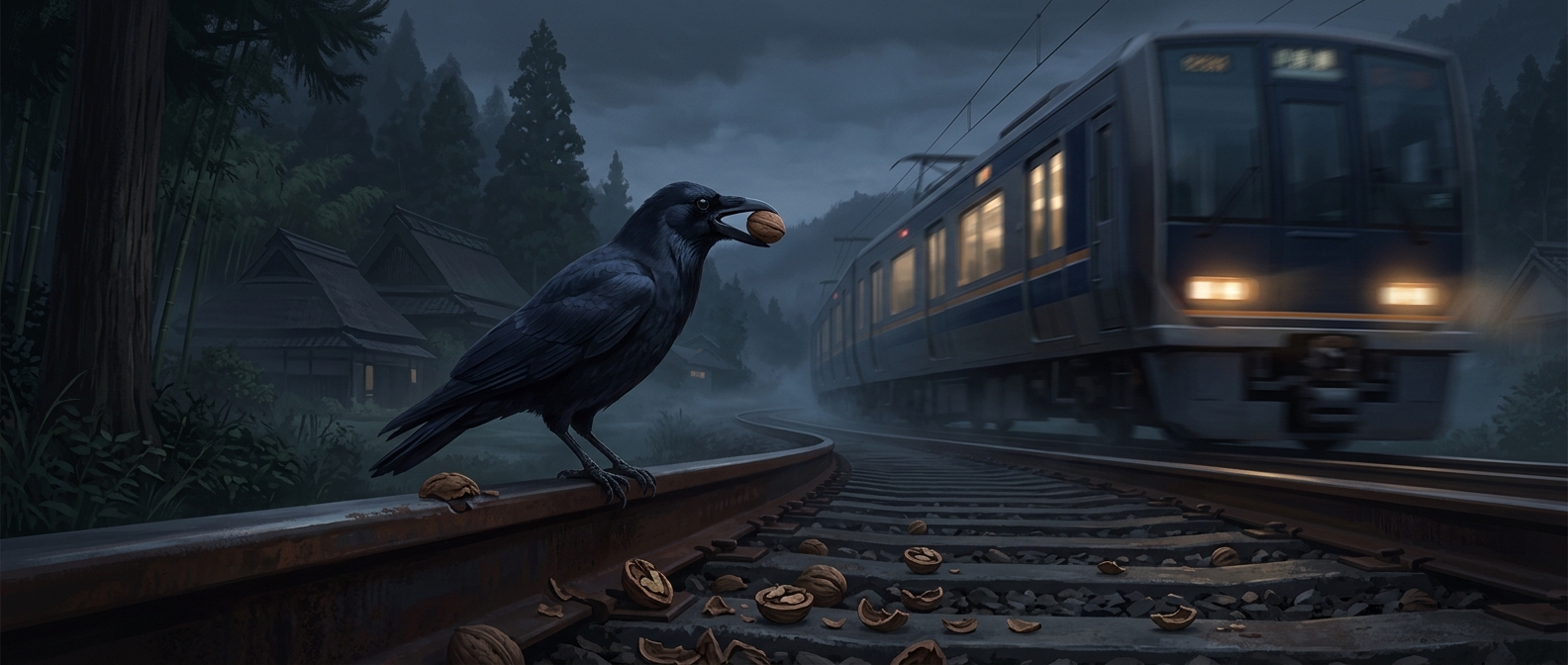 Japanese crows use trains to crack open walnuts