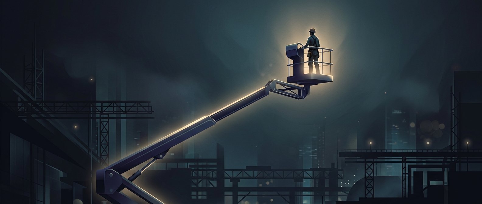 Cherry pickers lift workers in tiny buckets on hydraulic arms high above the ground